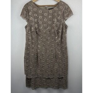 Alex‎ Evenings Dress 16W Lace Cut Out Taupe Metallic MOB Cocktail Event Glam